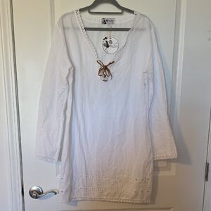 Mud Pie White Cotton Eyelet Swim Coverup with Brown Tie